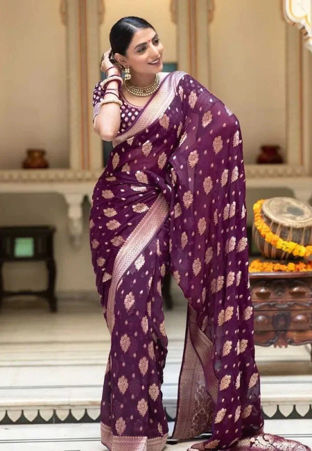 Royal Purple Semi-Georgette Silk Water Zari Saree – Premium Lightweight Drape