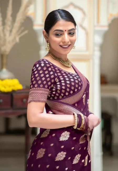 Royal Purple Semi-Georgette Silk Water Zari Saree – Premium Lightweight Drape