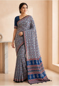 Royal Blue Semi Modal Silk Saree with Traditional Floral Print & Elegant Contrast Border