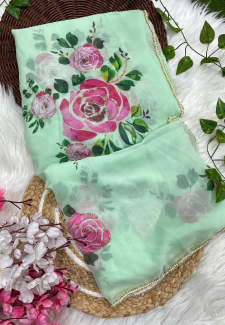 Mint Green Georgette Floral Saree with Khatli Handwork Border