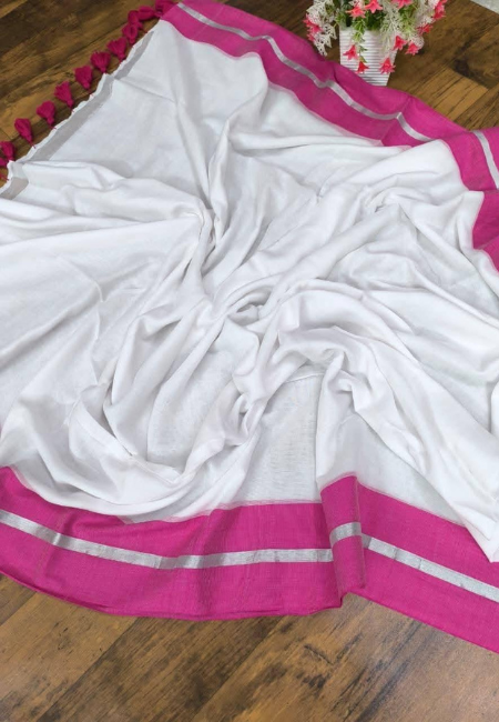 Soft Mul Cotton Saree – White with Pink Borders (No Blouse Piece)