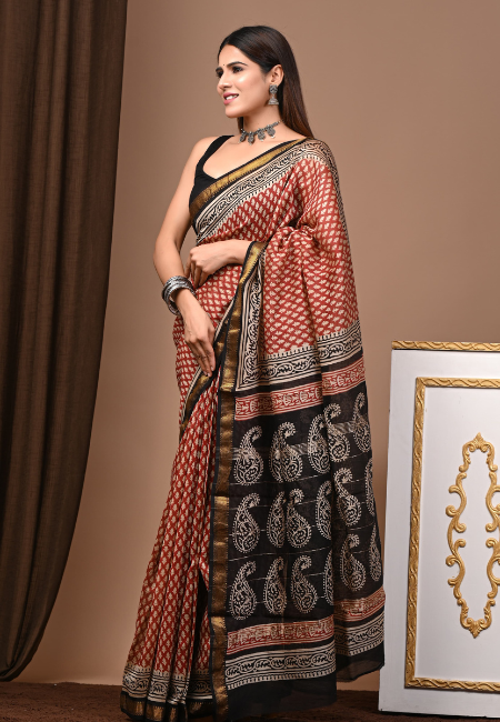 Red & Black Maheshwari Silk Saree with Handblock