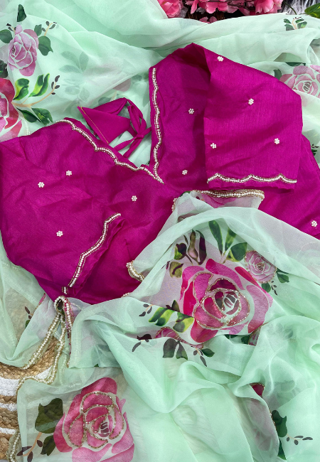Mint Green Georgette Floral Saree with Khatli Handwork Border