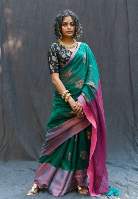 Elegant Teal Green Handloom Mul Cotton Saree with Hibiscus Butta & Zari Weaving