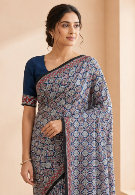 Royal Blue Semi Modal Silk Saree with Traditional Floral Print & Elegant Contrast Border