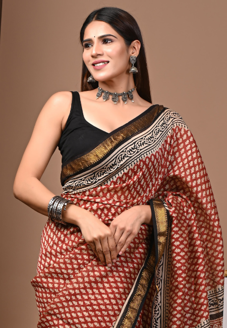 Red & Black Maheshwari Silk Saree with Handblock