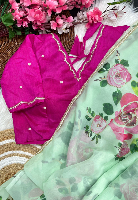 Mint Green Georgette Floral Saree with Khatli Handwork Border
