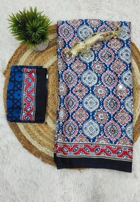 Royal Blue Semi Modal Silk Saree with Traditional Floral Print & Elegant Contrast Border