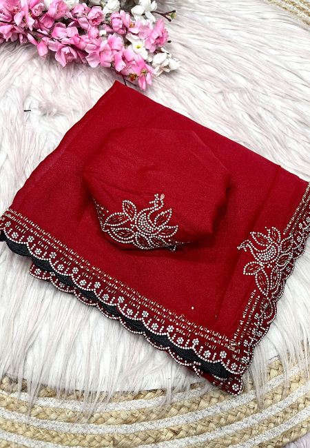 Red Georgette Saree with Heavy Jarkan Work & Unstitched Blouse