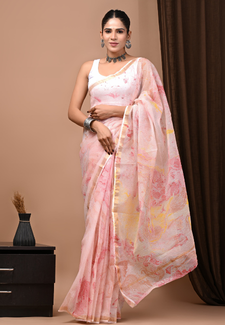 Soft Blush Kota Doriya Saree – Marble Print Elegance