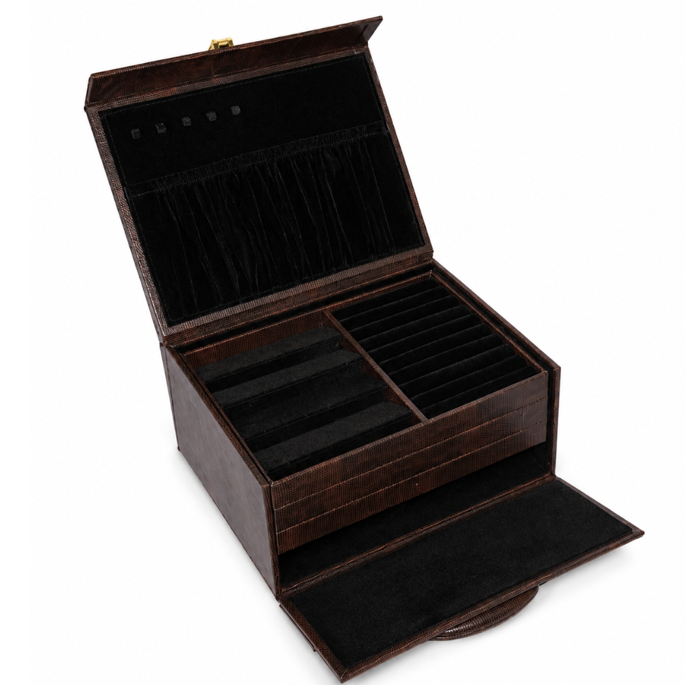 Luxury Brown Leather Jewellery Box with Combination Lock, Removable Velvet Trays & Multi-Compartment Organizer for Rings, Earrings, Necklaces, Bangles, Watches & Accessories (30.48 × 24.13 × 13.97 cm)