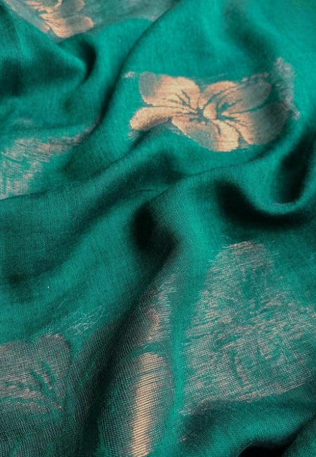 Elegant Teal Green Handloom Mul Cotton Saree with Hibiscus Butta & Zari Weaving