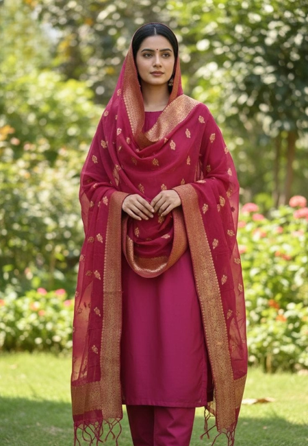 Unstitched eBanarasi Soft Katan Silk Plain Suit in Rani Pink with Heavy Zari Weaving Dupatta