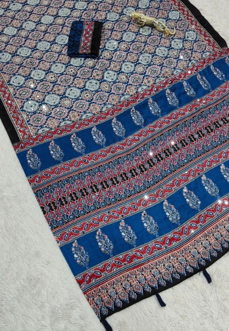 Royal Blue Semi Modal Silk Saree with Traditional Floral Print & Elegant Contrast Border