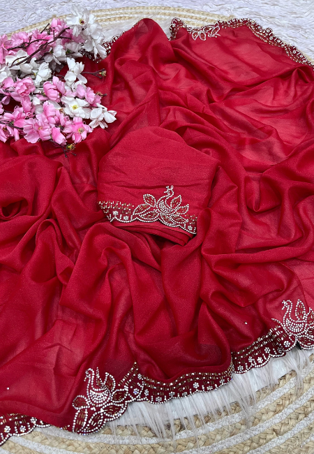 Red Georgette Saree with Heavy Jarkan Work & Unstitched Blouse