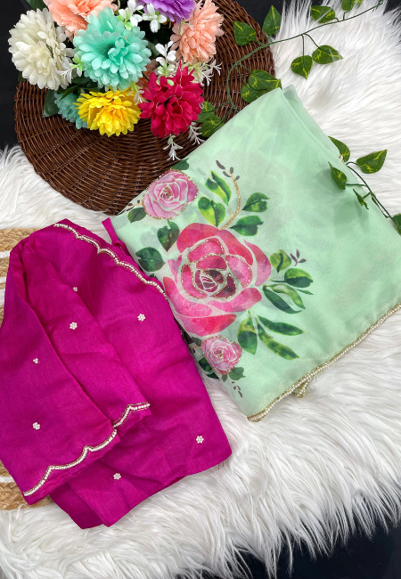 Mint Green Georgette Floral Saree with Khatli Handwork Border