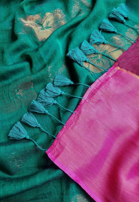 Elegant Teal Green Handloom Mul Cotton Saree with Hibiscus Butta & Zari Weaving