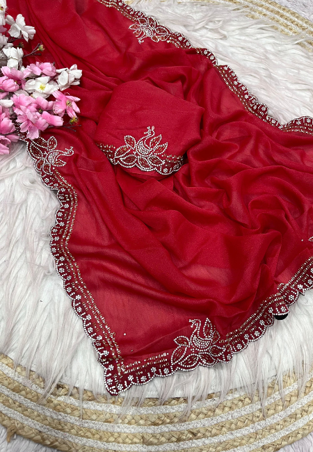 Red Georgette Saree with Heavy Jarkan Work & Unstitched Blouse
