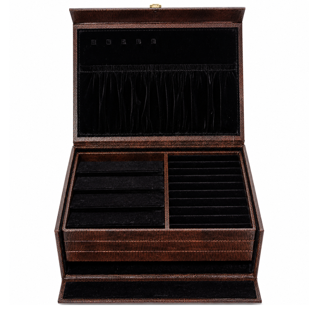 Luxury Brown Leather Jewellery Box with Combination Lock, Removable Velvet Trays & Multi-Compartment Organizer for Rings, Earrings, Necklaces, Bangles, Watches & Accessories (30.48 × 24.13 × 13.97 cm)