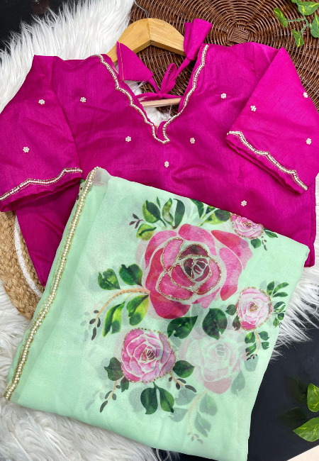Mint Green Georgette Floral Saree with Khatli Handwork Border