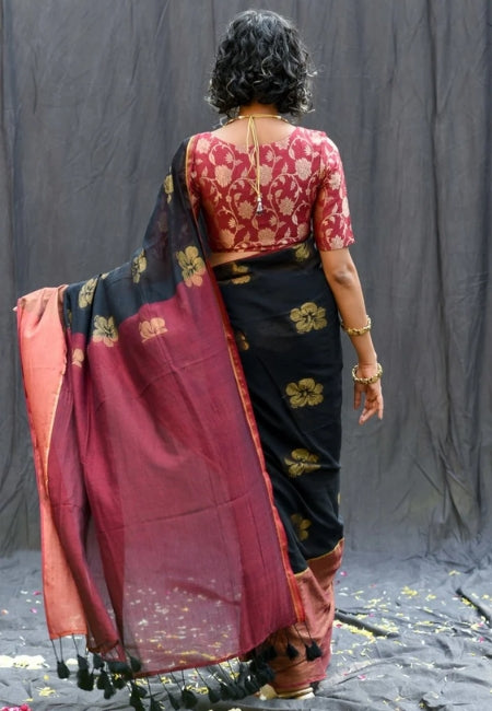 Elegant Black Handloom Mul Cotton Saree with Hibiscus Butta & Zari Weaving