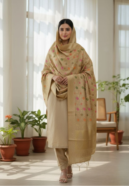 Unstitched Banarasi Soft Katan Silk Plain Suit in Golden Beige with Heavy Zari Weaving Dupatta