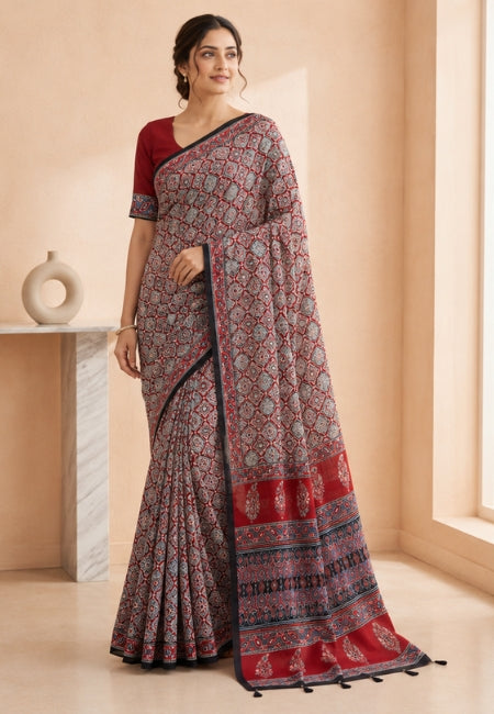Maroon Semi Modal Silk Saree with Traditional Floral Print & Elegant Contrast Border