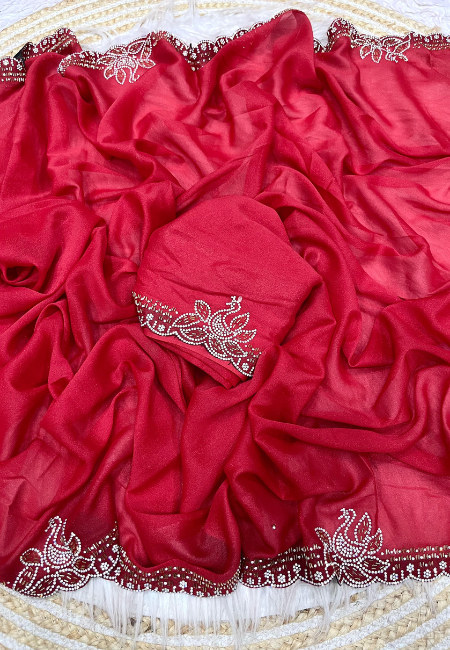 Red Georgette Saree with Heavy Jarkan Work & Unstitched Blouse