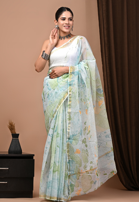 Pastel Aqua Marble Handblock Kota Doriya Saree