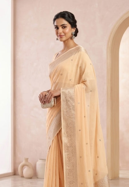Cream Chiffon Party Wear Saree with Silver Jacquard Border & Delicate Bead Work