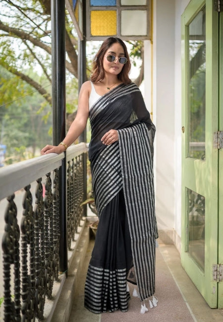 Elegant Black Pure Mulmul Cotton Saree with Striped Design