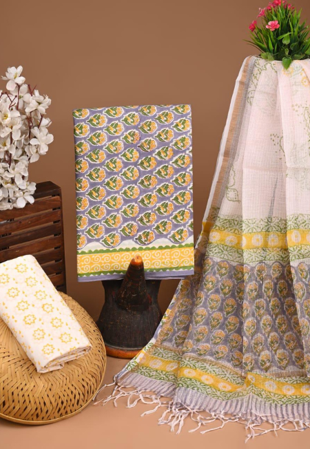 Unstitched Cotton Suits With Kota Doria Dupatta Lavender Grey