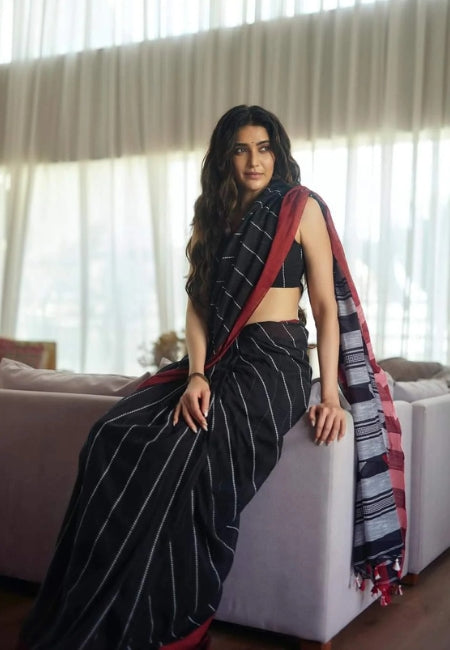 Black Mul Cotton Saree with Tassel Work & Running Blouse Piece