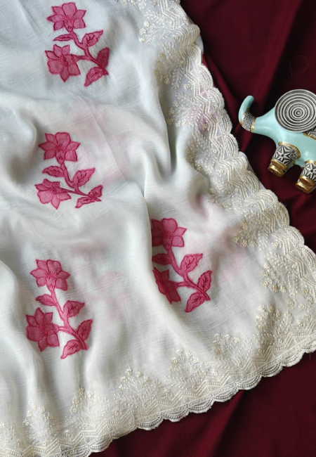 White Silk Saree with Pink Flower Design