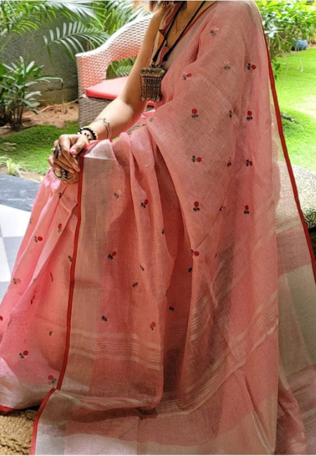 Blush Pink Pure Linen Saree with Tassel Detailing