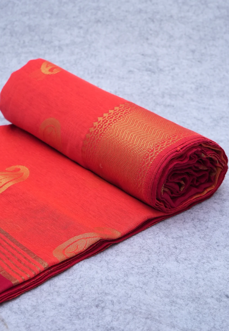 Crimson Gold  Pure Handloom Cotton Silk Saree in Red & Golden