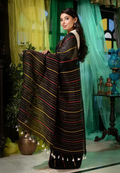 Pure Handloom Black Linen Saree with Multicolor Stripes