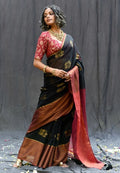 Elegant Black Handloom Mul Cotton Saree with Hibiscus Butta & Zari Weaving