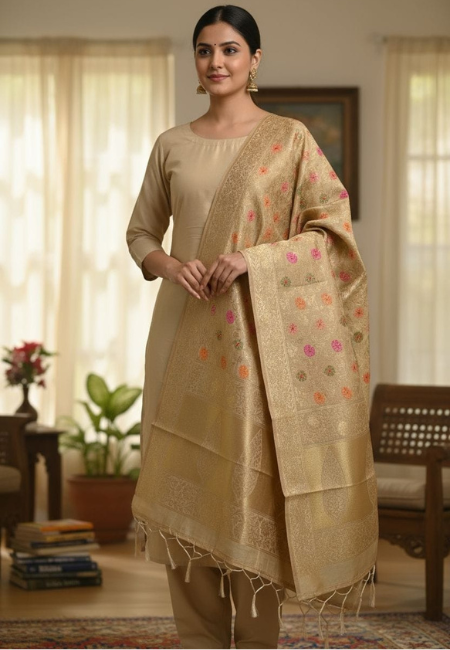 Unstitched Banarasi Soft Katan Silk Plain Suit in Golden Beige with Heavy Zari Weaving Dupatta
