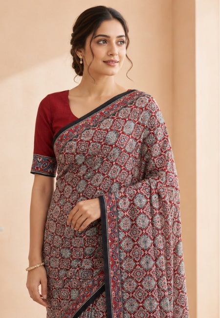 Maroon Semi Modal Silk Saree with Traditional Floral Print & Elegant Contrast Border