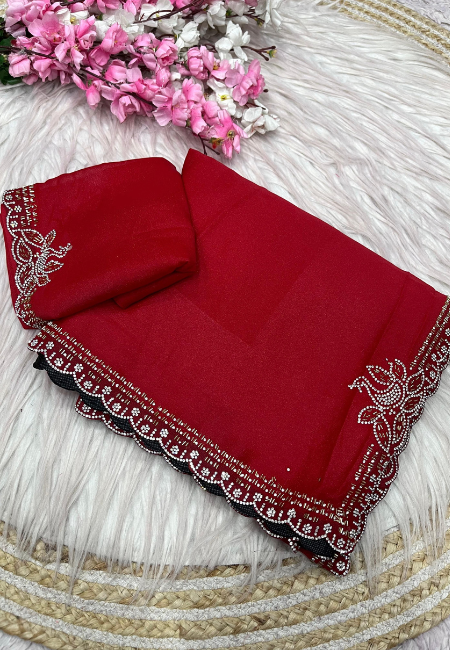 Red Georgette Saree with Heavy Jarkan Work & Unstitched Blouse