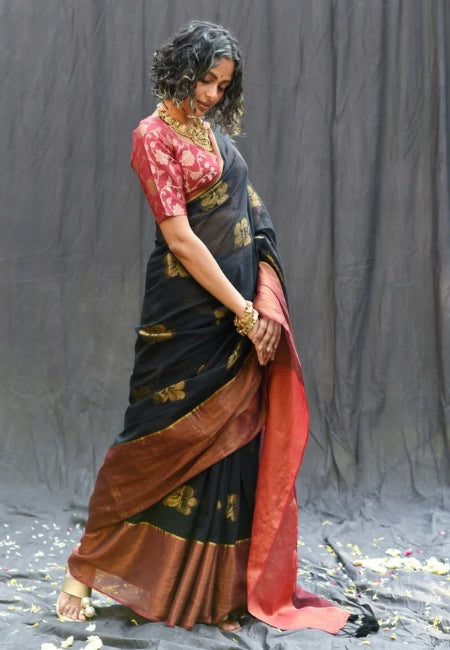 Elegant Black Handloom Mul Cotton Saree with Hibiscus Butta & Zari Weaving