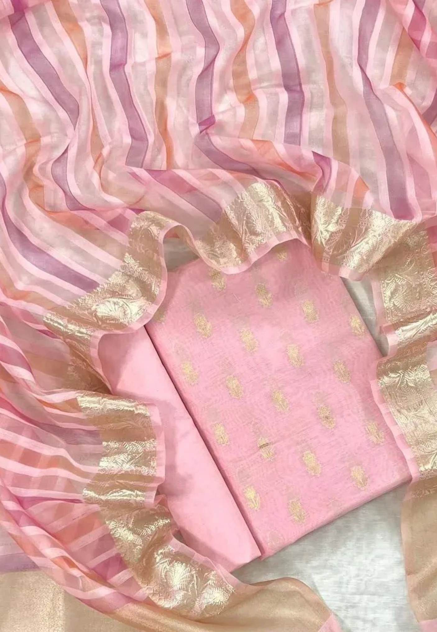 Unstitched Banarasi Chanderi Suit with Fancy Jacquard Stripe Dupatta – Graceful Festive Ethnic Wear