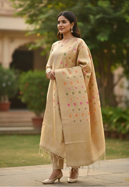 Unstitched Banarasi Soft Katan Silk Plain Suit in Golden Beige with Heavy Zari Weaving Dupatta