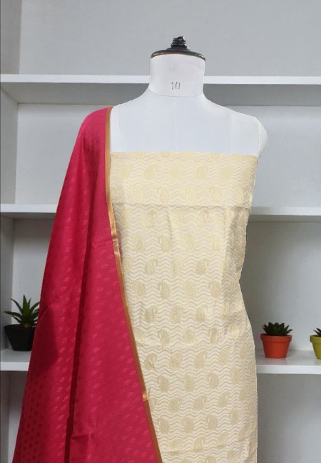 Unstitched Banarasi Brocade Suit with Pink Silk Dupatta – Elegant Winter Ethnic Wear