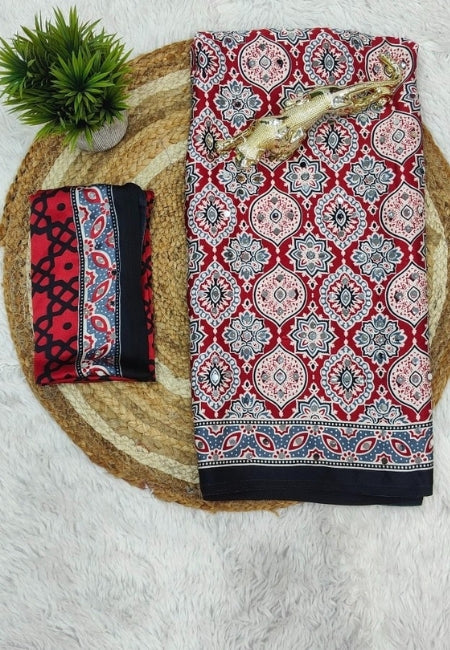 Maroon Semi Modal Silk Saree with Traditional Floral Print & Elegant Contrast Border