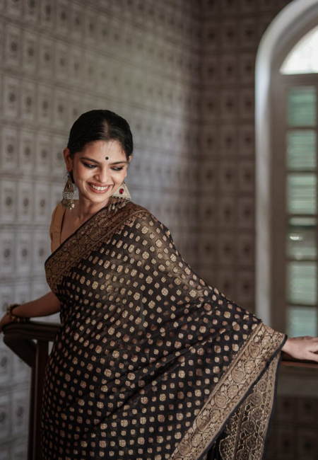 Black Cotton Silk Saree with Golden Weaving