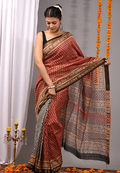 Handblock Printed Maheshwari Silk Saree in Red with Earthy Tones