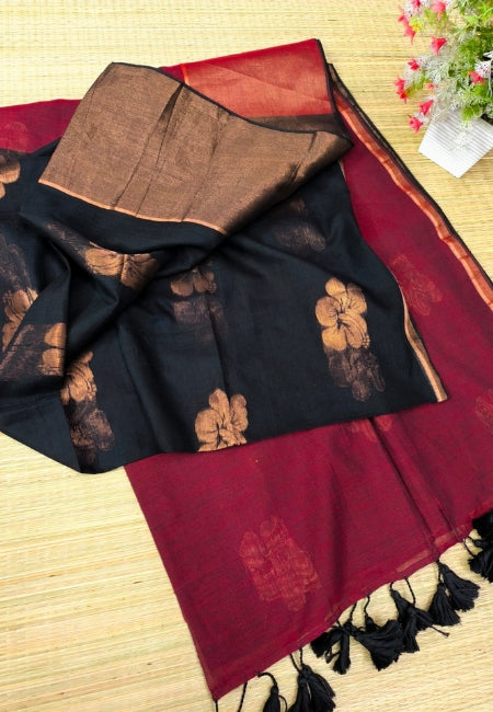 Elegant Black Handloom Mul Cotton Saree with Hibiscus Butta & Zari Weaving
