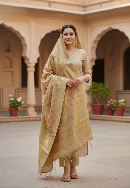 Unstitched Banarasi Soft Katan Silk Plain Suit in Golden Beige with Heavy Zari Weaving Dupatta